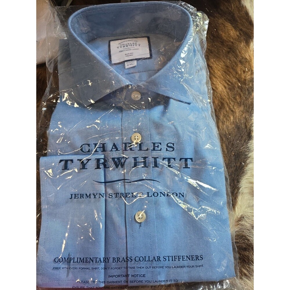 Charles Tyrwhitt Shirt 16.5/33 Steel Blue Twill Slim Fit French Cuff Non Iron